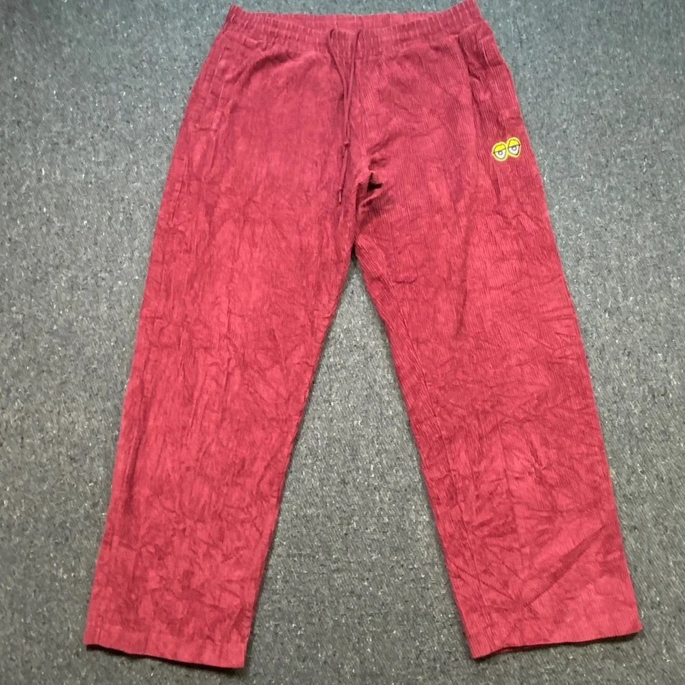 Krooked Skateboards Corduroy Pants Sz XL Mens Burgundy Skater Eyes Logo Lounge